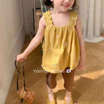 Girl Clothing Trendy Suit Foreign Air Korean Version 22 Summer New Woman Baby Yellow Sweet harness shorts Two sets