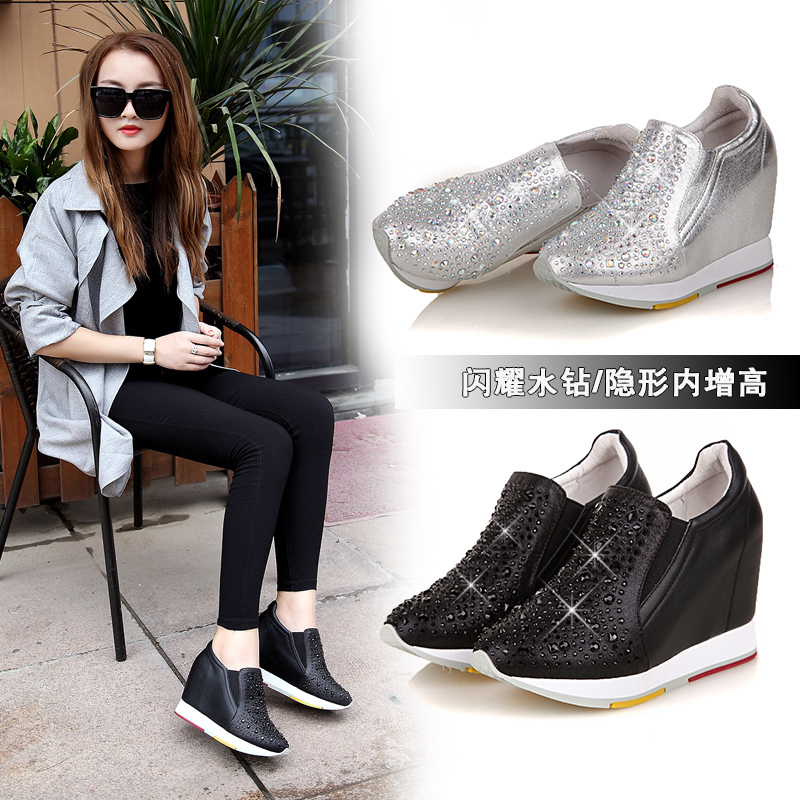 Rhinestone Genuine Leather Height-Increasing Women's Shoes, Wedge Heel Slip-On Loafers, Diamond-Embellished Slimming Thick-Soled Casual Shoes for Women, Spring and Autumn Rhinestone Genuine Leather Height-Increasing Women's Shoes, Wedge Heel Slip-On Loafers, Diamond-Embellished Slimming Thick-Soled Casual Shoes for Women, Spring and Autumn