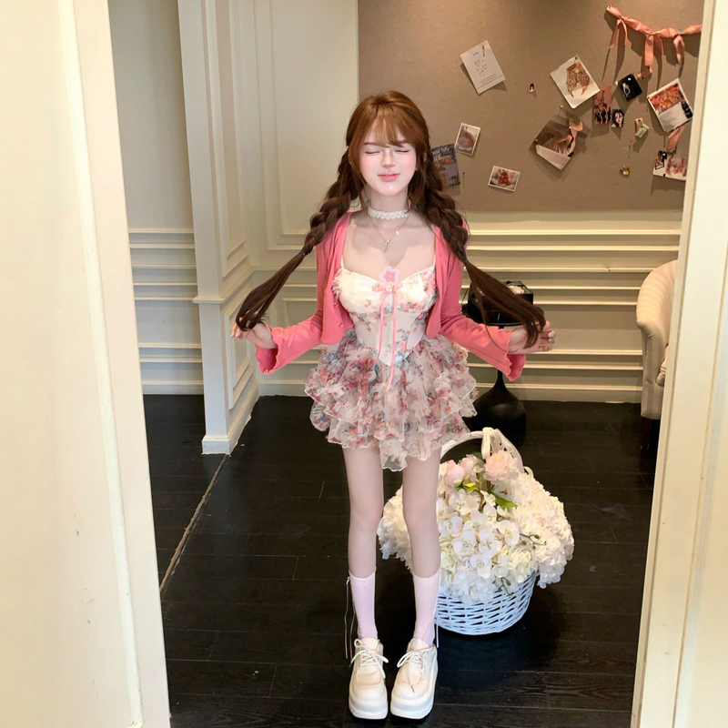 Pink Sweet and Pure Style Bowknot Floral Waist-Cinching Slimming Dress for Women, New Summer Cake Dress Cardigan Set