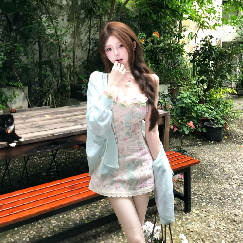 French-Style Sweet Three-Dimensional Floral Ambiance Floral Suspender Dress for Women, New Summer Cardigan Holiday Style Two-Piece Set French-Style Sweet Three-Dimensional Floral Ambiance Floral Suspender Dress for Women, New Summer Cardigan Holiday Style Two-Piece Set