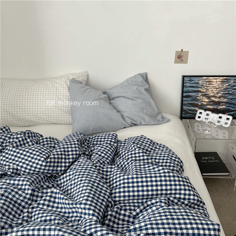 Day Department Naval Wind) ins All cotton washed cotton blue plaid mix Bed Goods Double four pieces Dormitory Three Sets
