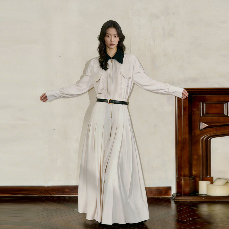 26 Spring Zhao Jinmai's Same Style French Beige Lapel Long-Sleeve Shirt Dress with Lace Splicing and Pleated Long Skirt