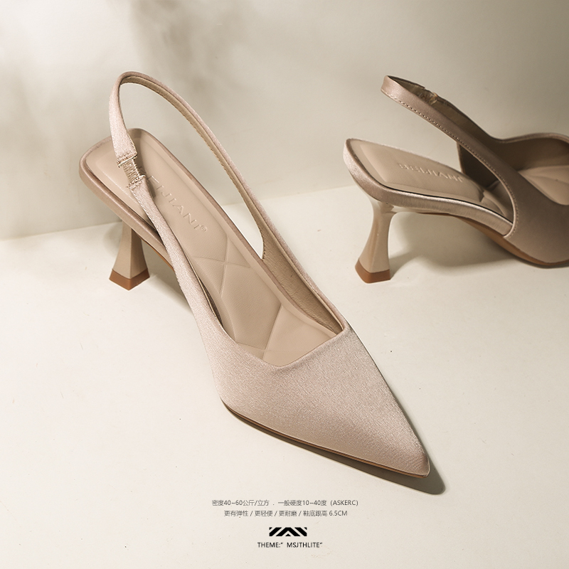 【Lky】French-Style Genuine Leather Simple Light Pink Closed-Toe Sandals for Women, Summer Back Strap Pointed Toe Stiletto High Heels