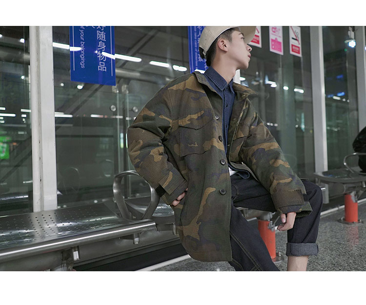 Mùa đông Nhật Bản ngụy trang dụng cụ cộng với nhung ấm áo nam thanh niên lỏng lẻo cổ áo xu hướng áo áo phao lông vũ