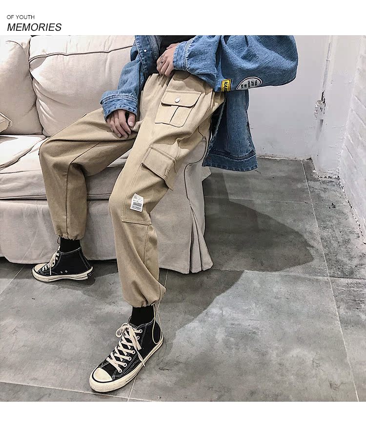 2018 mới màu rắn túi lớn overalls quần nam xu hướng mùa xuân và mùa thu Hàn Quốc của quần ống suông thẳng quần thun nam