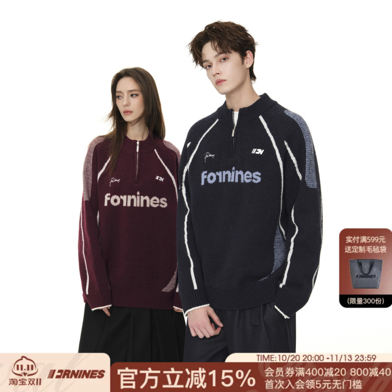 Fornines Embroidered Contrasting Color Half-Zip Knitwear for Men and Women, Couple Wear Tops, Autumn and Winter Preppy Style Casual Knitwear