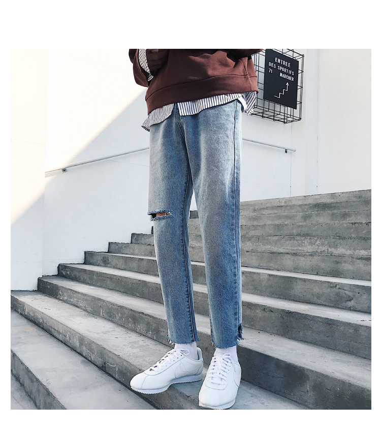 Mùa xuân và mùa hè mới giặt cắt quần jean mỏng Slim Hàn Quốc lỗ chín quần quần nam chân quần áo thể thao nam