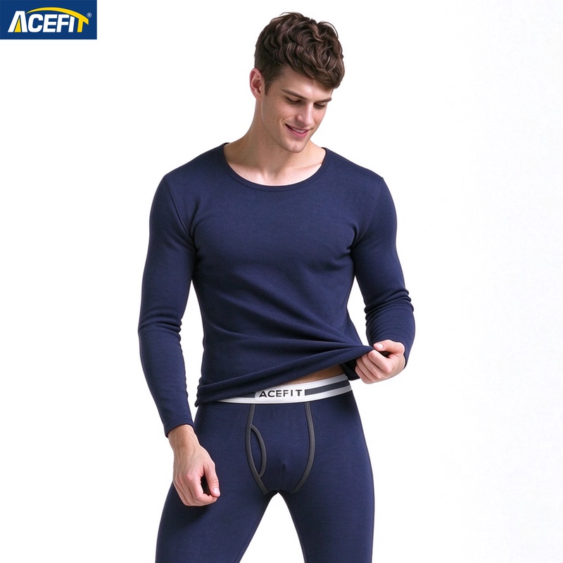 Acefit Men's Thermal Underwear Thickened with Fleece Round V-Neck Youth Slim-Fit Autumn Clothes and Pants Winter Cold-Proof Set