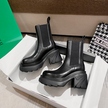 2021 new thick-soled heightened Martin boots womens spring and autumn single boots leather mid-tube high-heel Chelsea chimney short boots