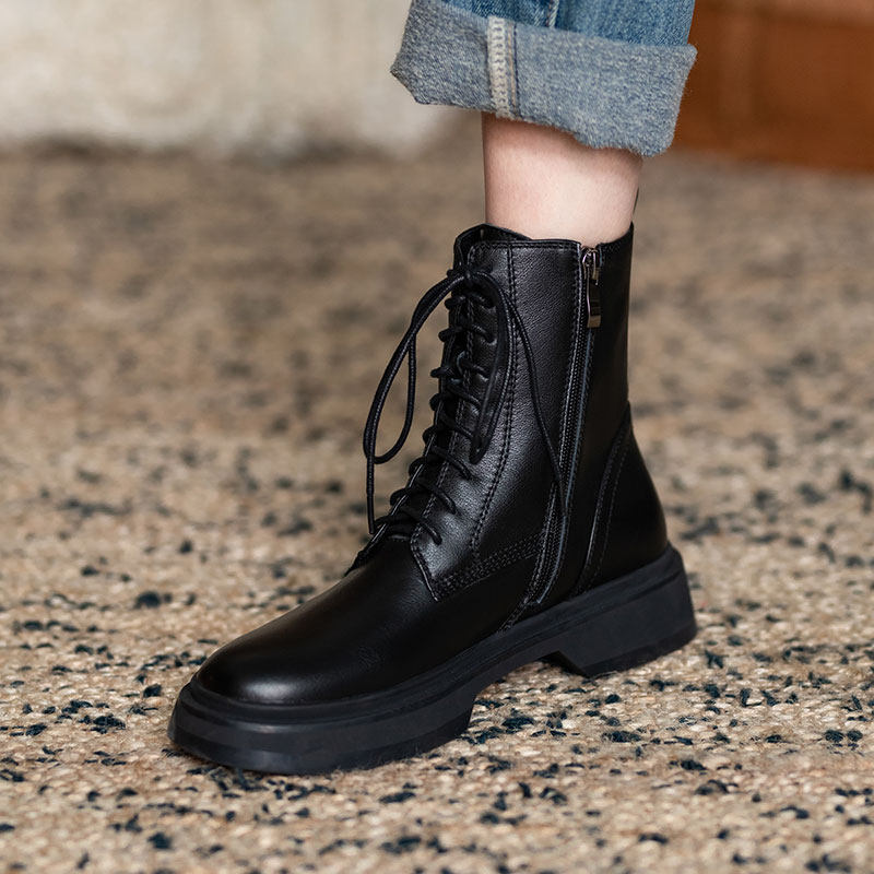 Slim and heightened Martin boots women's 2022 autumn and winter new British style lace-up feet small round head leather short boots women