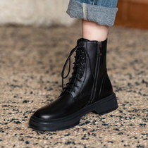 Slim and heightened Martin boots womens 2022 autumn and winter new British style lace-up feet small round head leather short boots women