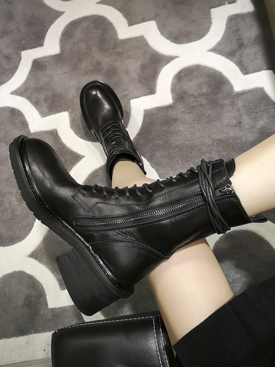 ANN Martin boots women's British style ins tide short boots women's spring and autumn single boots thick heel high heel leather mid-tube boots Korean boots