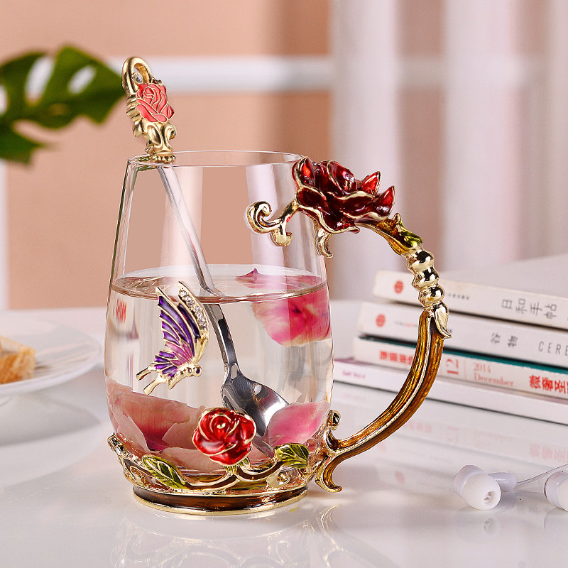 New product enamel colour crystal flower tea cup with hand water glass cup Home Euro coffee cup with a cover spoon gift
