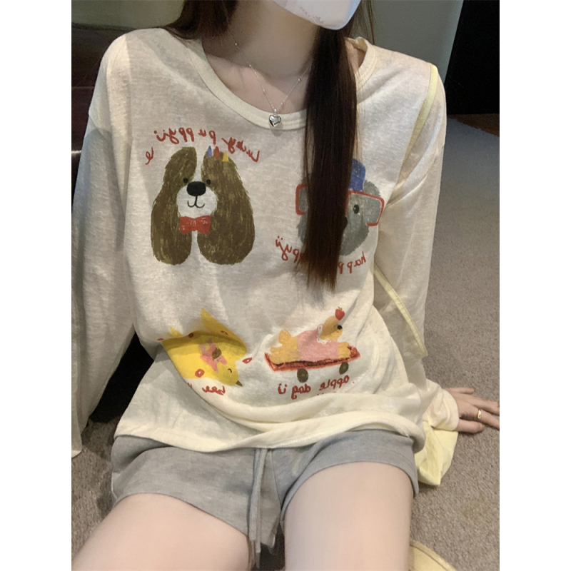 Relaxed Cartoon Print T-Shirt for Women, Spring and Autumn Casual Thin Chic Sun Protection Cover-Up, Age-Reducing Long-Sleeved Top