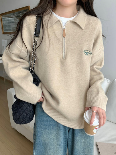 Lazy style polo lapel half-zip sweater thickened warm sweater for women spring autumn winter layered outer top