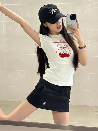 Spicy Girl Short-Sleeved T-Shirt with Cherry Print for Women, Summer 2026 New Slim-Fit Unique Niche Base Top