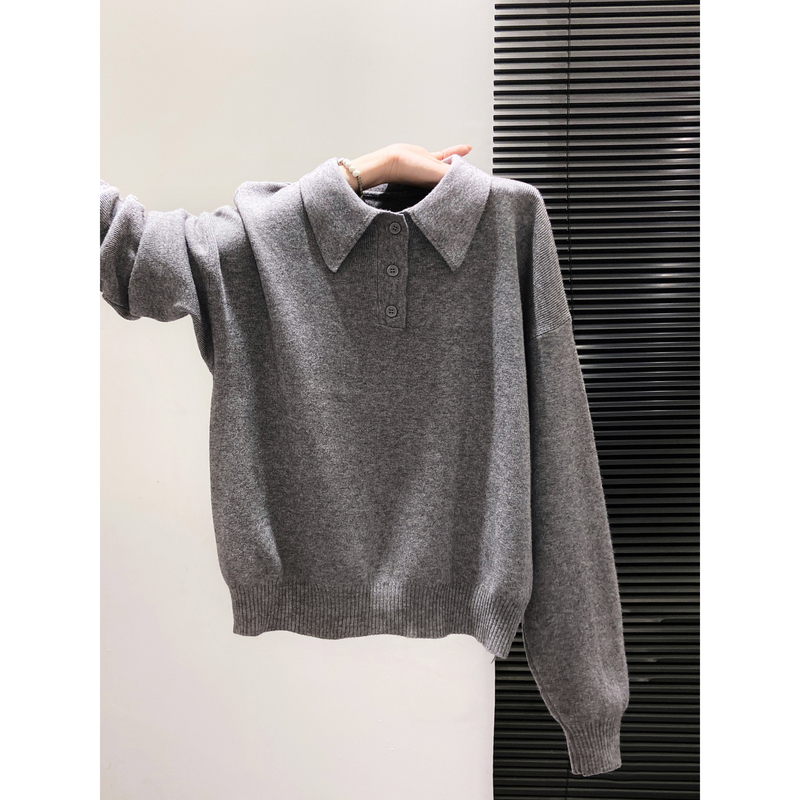 Gray High-End Lapel Base Shirt for Women, Suitable for Spring, Autumn, and Winter, with a Relaxed and Soft Feel, Polo Shirt, Long-Sleeved Knit Sweater
