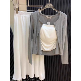 Gray Single-Breasted Knitted Cardigan for Women, Spring/Summer 2026 New Minimalist Style Casual Petite Jacket Long-Sleeve Top