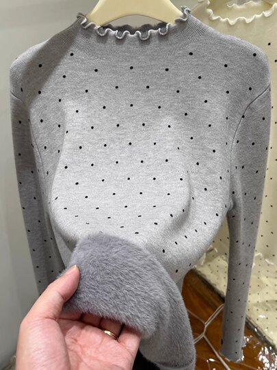 Korean-Style Polka Dot Thickened Sweater for Women, Autumn and Winter Half-Turtleneck Integrated Fleece Inner Top, Sweet and Warm Knitted Base Shirt
