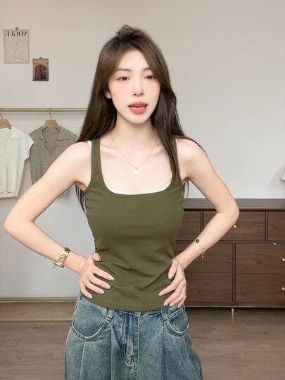 American-Style Spicy Girl Square-Neck Camisole with Removable Chest Pads, Women's Summer Anti-Exposure Top, Stylish Tight-Fitting Inner Wear with Straps