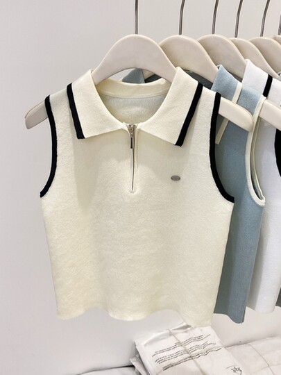 Half-zip polo shirt lapel sleeveless contrasting color knitted vest for women summer fashion high-end short top