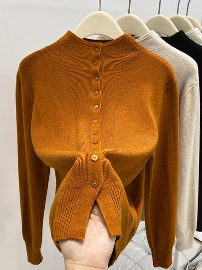 Single-breasted stacked stand-up collar knitted cardigan women's thickened coat autumn and winter soft waxy chic lazy knitted sweater top