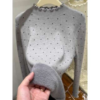 Korean-Style Polka-Dot Thick Sweater for Women, Autumn and Winter Half-High Collar, Integrated Fleece Inner Layer, Sweet and Warm Knitted Base Shirt