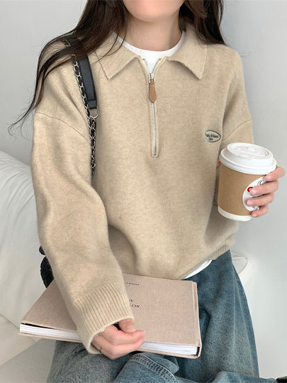 Lazy style polo lapel half-zip sweater thickened warm sweater for women spring autumn winter layered outer top