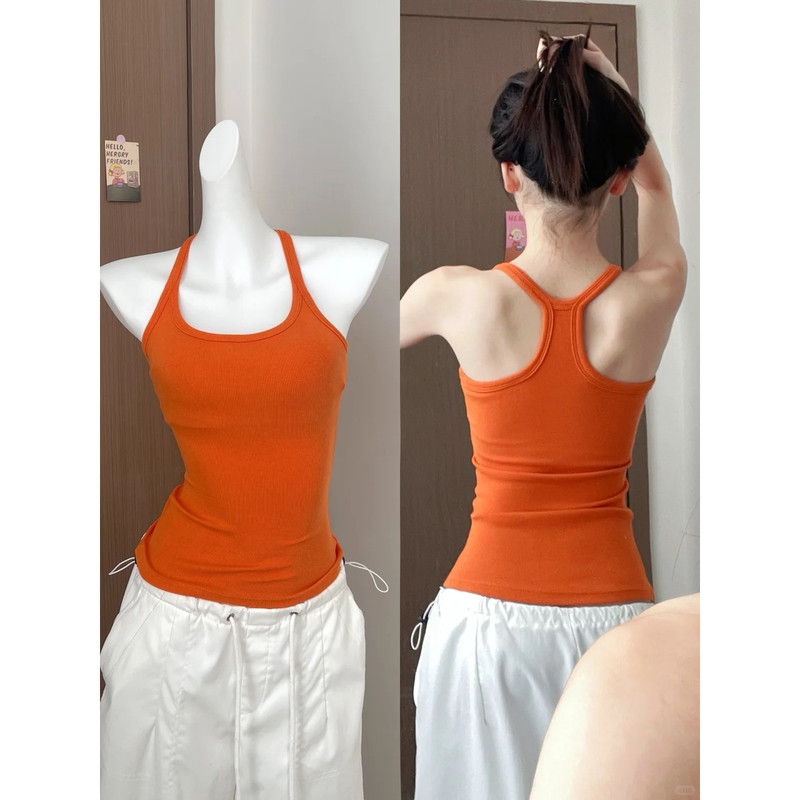 Vibrant Orange U-Neck Tie Chest Pad Outerwear Sports Camisole for Women, Summer Slim-Fit Hot Girl Style Base Layer Top, Inner Vest Vibrant Orange U-Neck Tie Chest Pad Outerwear Sports Camisole for Women, Summer Slim-Fit Hot Girl Style Base Layer Top, Inner Vest