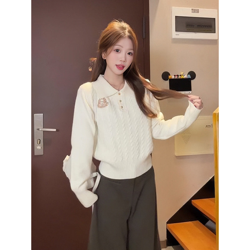 Button Polo Collar Knitted Sweater for Women, Autumn, Winter, Spring, Niche Embroidery, Cable Knit, Preppy Style Base Layer Top