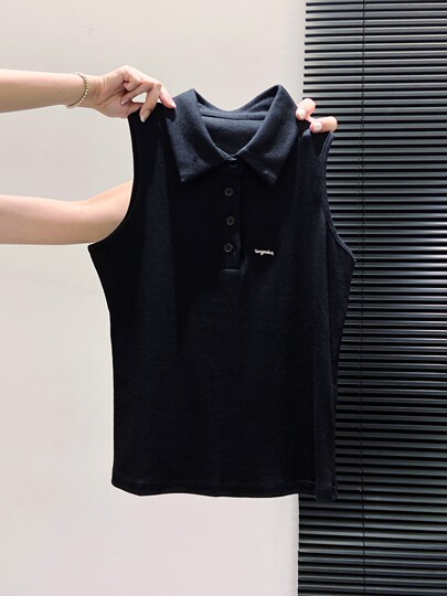 American Retro Polo Collar Sleeveless T-Shirt for Women, Summer Slim-Fit Halter Top That Covers the Side Breasts, Outerwear, Sexy Tank Top