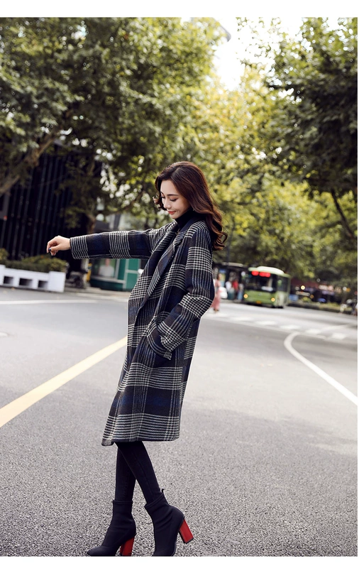 Áo len mùa thu và mùa đông nữ dài phiên bản Hàn Quốc 2018 mới sóng dày dày phổ biến áo khoác len tartan phổ biến