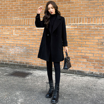 Black wool coat womens mid-length Korean loose 2020 new autumn and winter thickened small popular wool coat