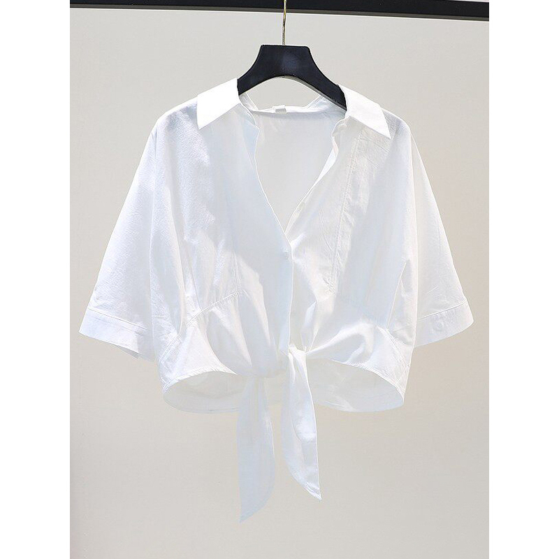 Brand Discount Women's Clothing Design Draft: Waist-Cinching Tie Shirt, New Loose Casual Short Shirt Top for Women