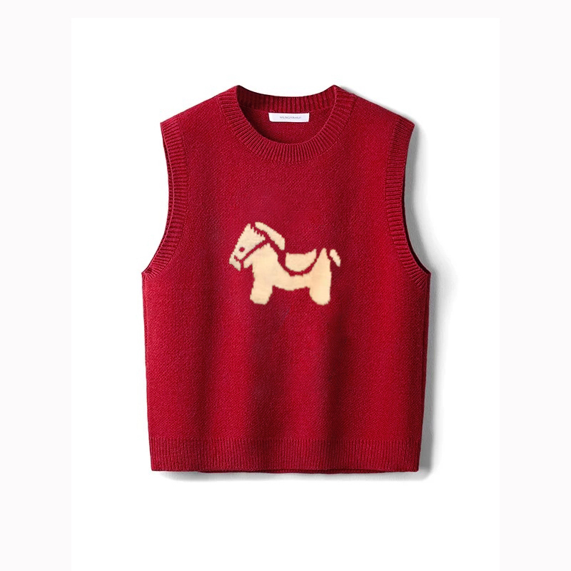 Clearance Sale Korean Style Red Round Neck Cartoon Pony Knitted Vest for Women Layering Christmas Red Sweater Top