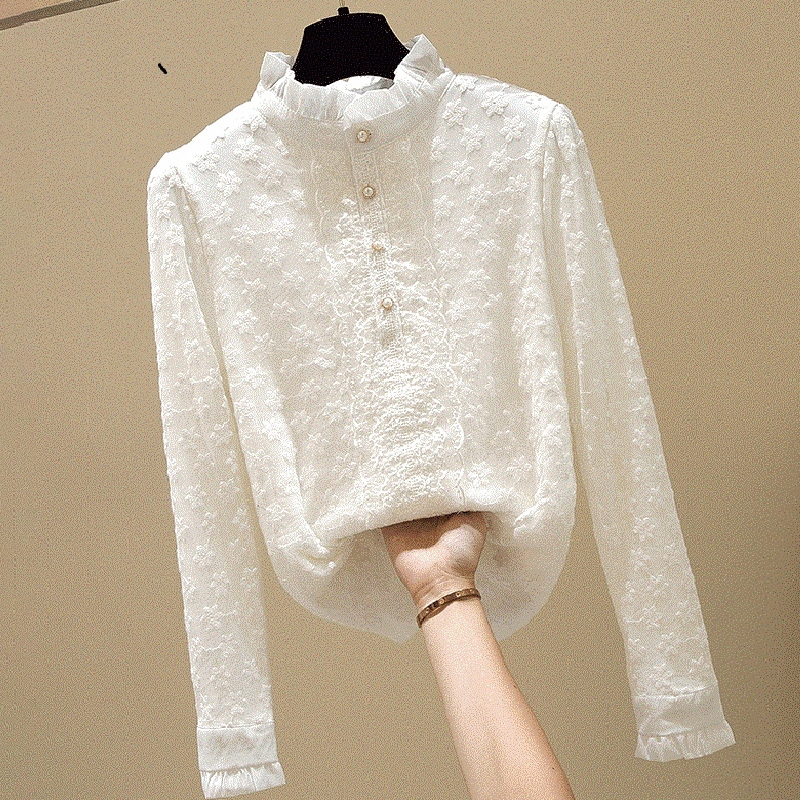 Stand Collar Lace Blouse for Women, New Korean Style Mesh Embroidered Long-Sleeve Thickened and Fleece-Lined Base Shirt, Casual Top Shirt
