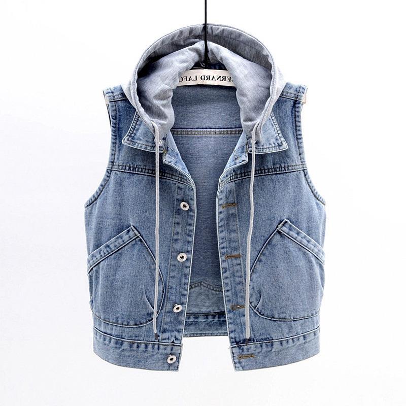 Brand Discount Women's Hooded Drawstring Denim Vest New Short Sleeveless Jacket Cardigan Coat
