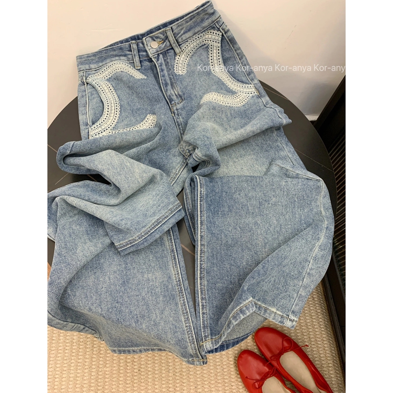 Shopkeeper Kor-Anya Recommends~ Lace Patchwork Wide-Leg Jeans for Women, Summer High-Waisted Slimming Straight-Leg Long Pants
