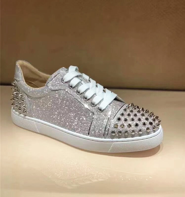 Trendy European and American Studded Lace-Up Low-Top Unisex Sneakers Street Style Silver Studded Fashion Bling Flat Loafers