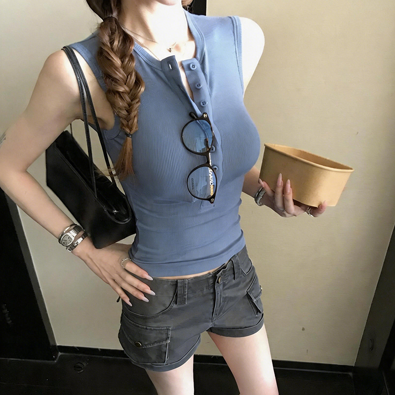 Summer Intellectual Vibe Multi-Button Henry Collar Slim-Fit Tank Top Women's T-Shirt Regular Shoulder Sleeveless Top Summer Intellectual Vibe Multi-Button Henry Collar Slim-Fit Tank Top Women's T-Shirt Regular Shoulder Sleeveless Top