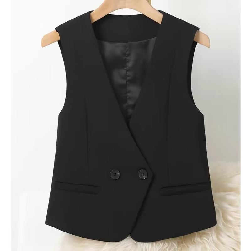 Spring and Autumn Women's Vest with V-Neck Design, Fashionable Short Style, Elegant Black Suit Vest, Slimming Waistcoat