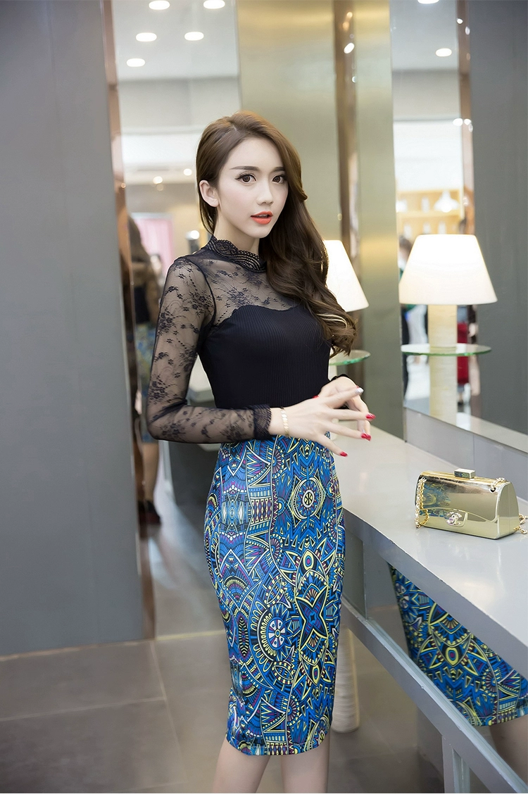 Slim High Waist Print Skirt Bag Hip Skirt Blue Printing OL Pencil Skirt Office Bodycon Midi Skirt Plus Size plaid skirt