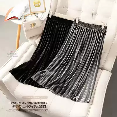 Foreign trade women's clothing original tail single cut standard Korean version of the gold velvet skirt mid-length version of the A-line large swing velvet pleated skirt spring