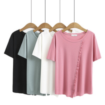 Large size womens 200kg plus fat plus size summer dress Korean wooden hem split sweet round neck short sleeve t-shirt