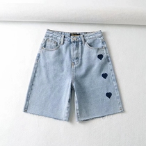 Foreign trade ins summer Women embroidery love denim five-point pants high waist pants 5-point casual wide legs loose straight pants