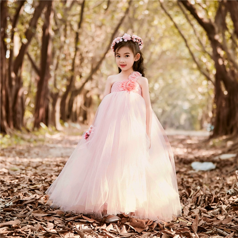 Váy công chúa màu hồng váy cô gái váy dài fluffy tiệc đầm trẻ em váy dạ hội trẻ em đám cưới hoa cô gái váy - Váy trẻ em