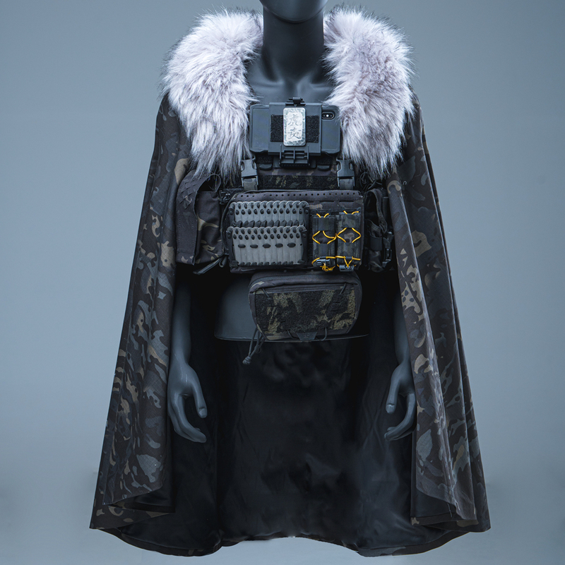 Trn Bac Black and Gray Industrial Style Tactical Vest with Detachable Fur Collar Cape for Wind and Snow Protection