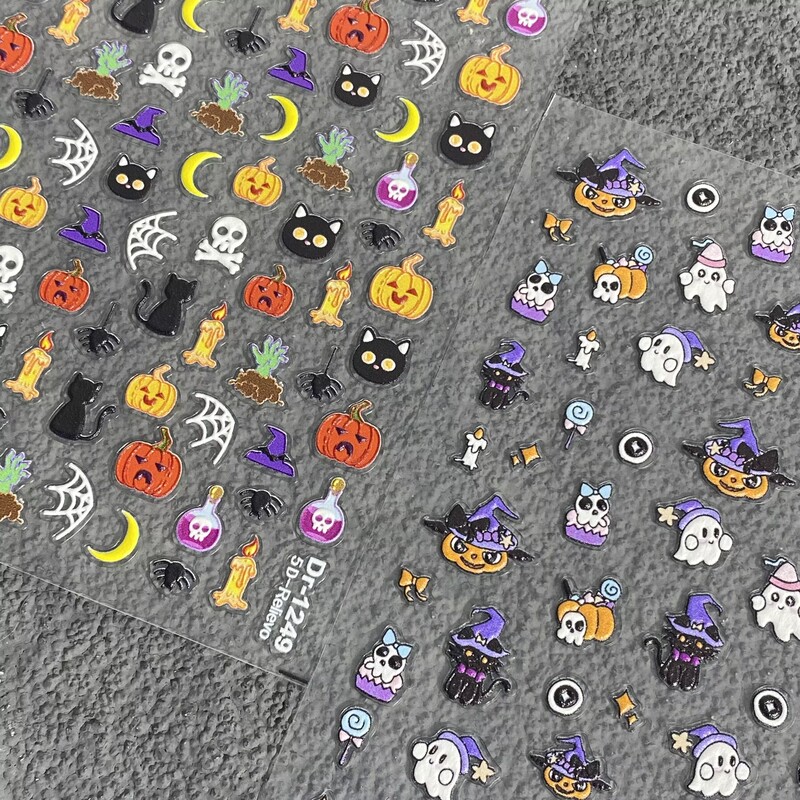 Dark Style Halloween Embossed Nail Stickers Little Ghost Skull Pumpkin Spider Waterproof Adhesive Nail Decoration Stickers Dark Style Halloween Embossed Nail Stickers Little Ghost Skull Pumpkin Spider Waterproof Adhesive Nail Decoration Stickers