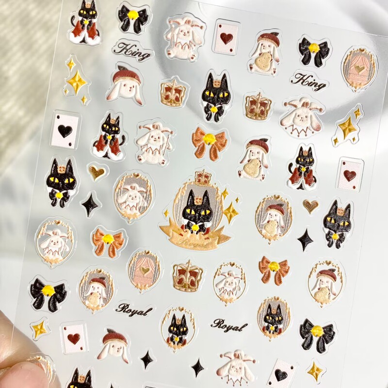 Cartoon Alice in Wonderland Rabbit 3D Embossed Nail Art Stickers Noble Kitten Waterproof Adhesive Nail Stickers