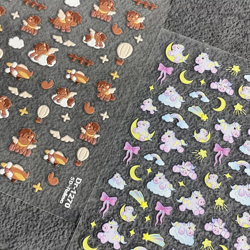 Cartoon Cute Rainbow Horse Embossed Nail Art Stickers Colorful Unicorn Waterproof Adhesive Phone Case Nail Decoration Stickers